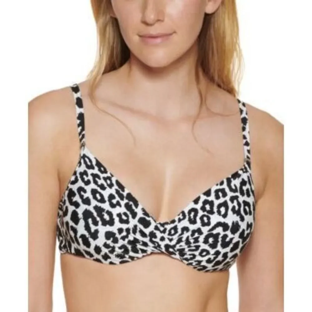 Calvin Klein Women's Black/White LEOPARD Twist-Front Bikini Top Large